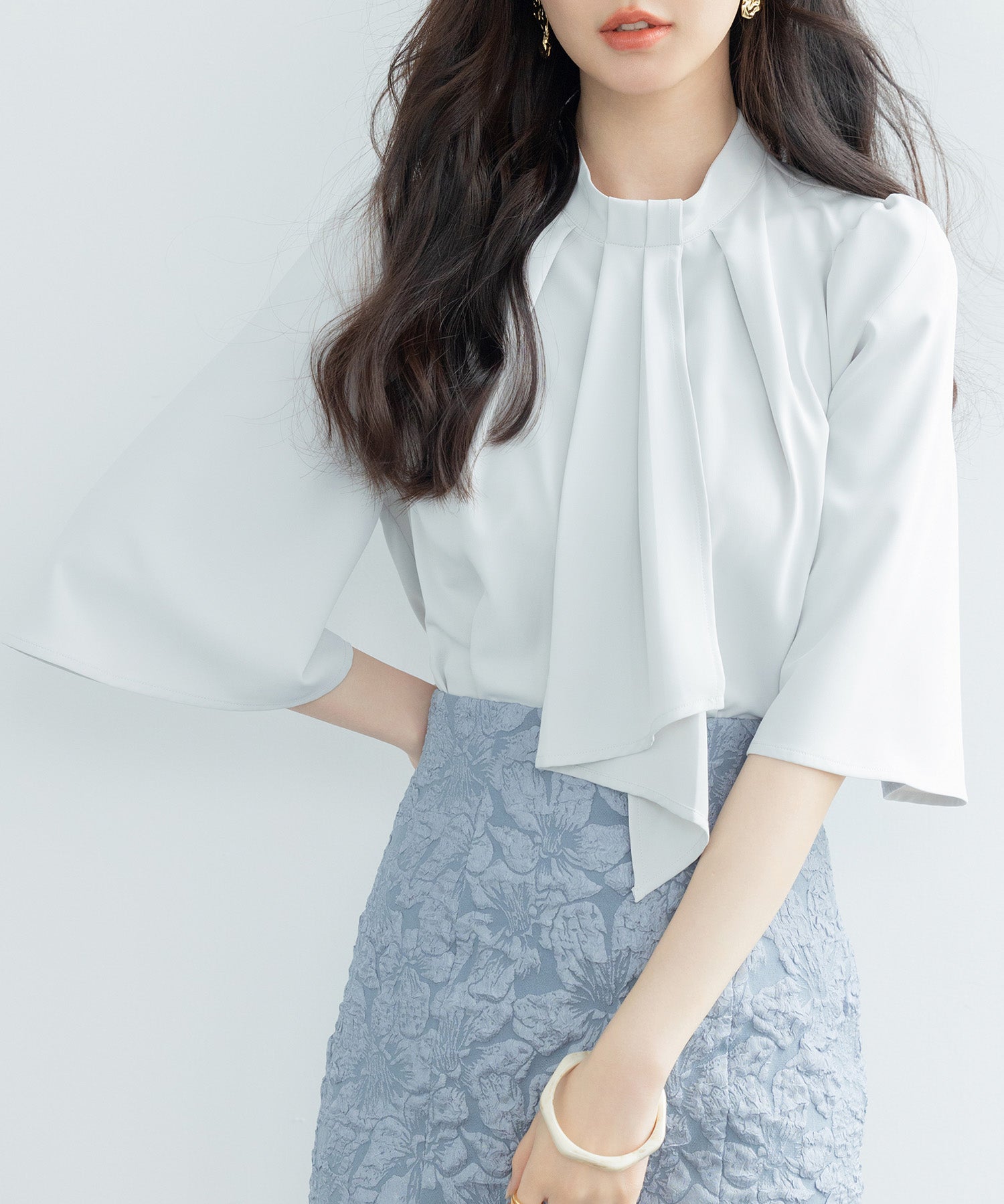 5分丈スリーブスタンドカラーブラウスsdp0199 ライトグリーン