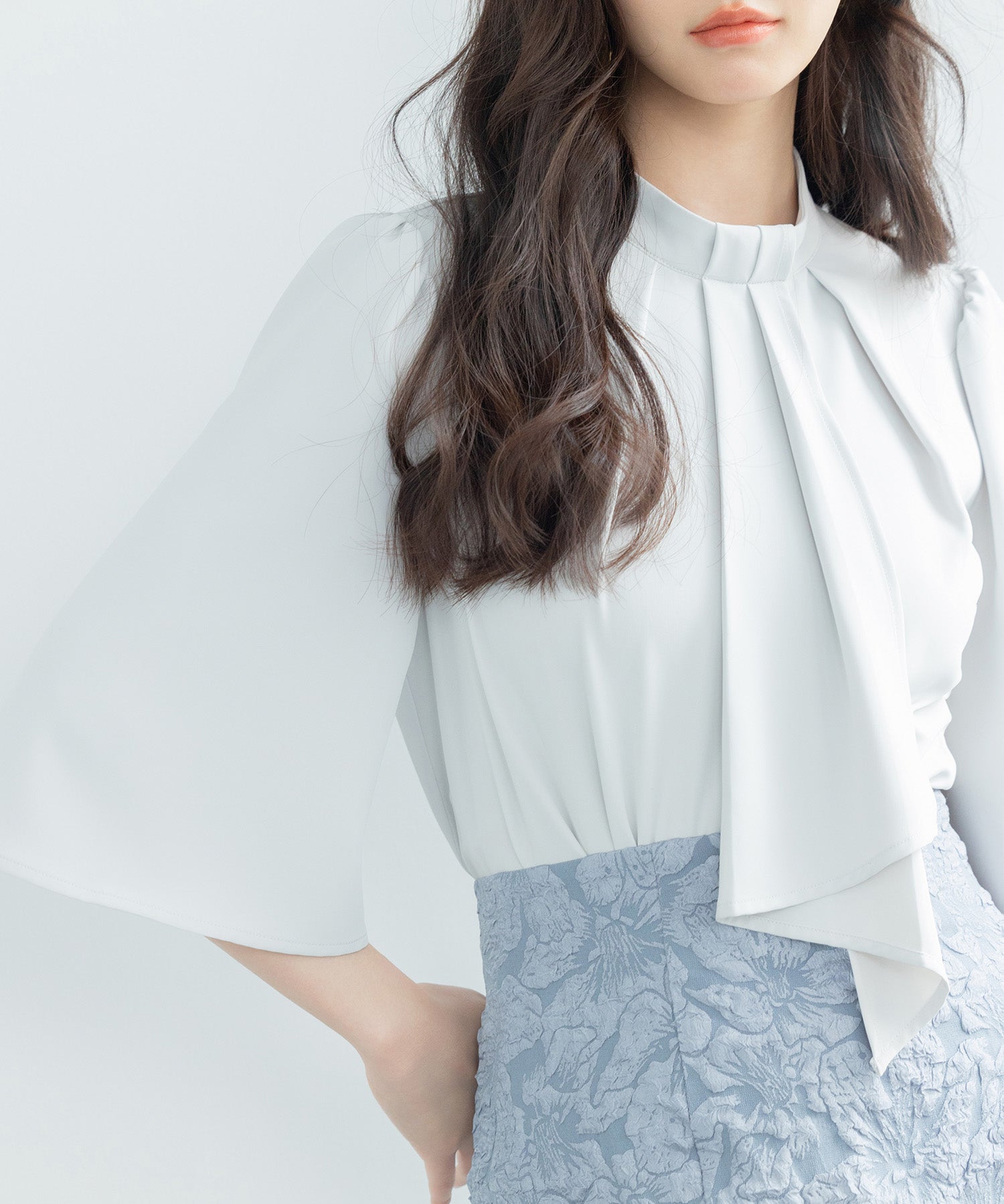 5分丈スリーブスタンドカラーブラウスsdp0199 ライトグリーン