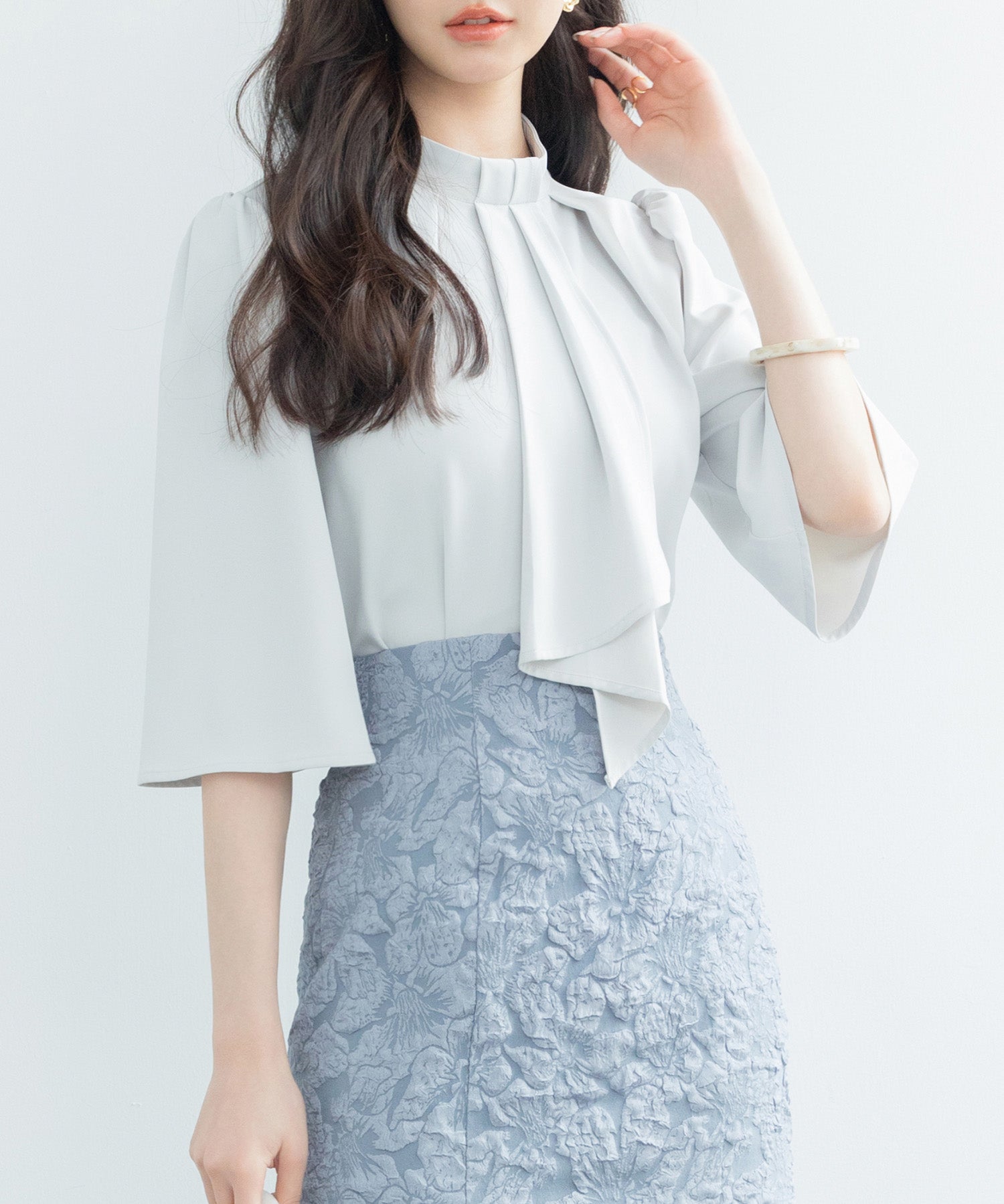 5分丈スリーブスタンドカラーブラウスsdp0199 ライトグリーン