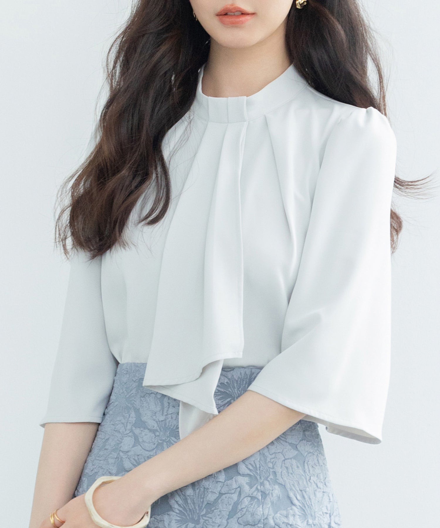 5分丈スリーブスタンドカラーブラウスsdp0199 ライトグリーン