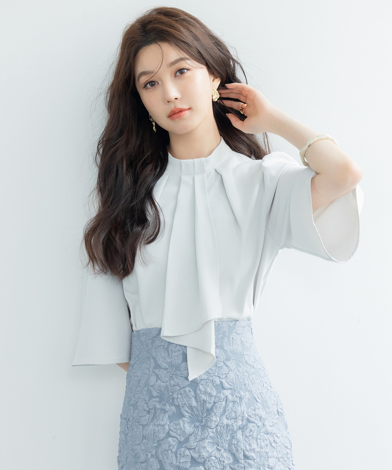 5分丈スリーブスタンドカラーブラウスsdp0199 ライトグリーン