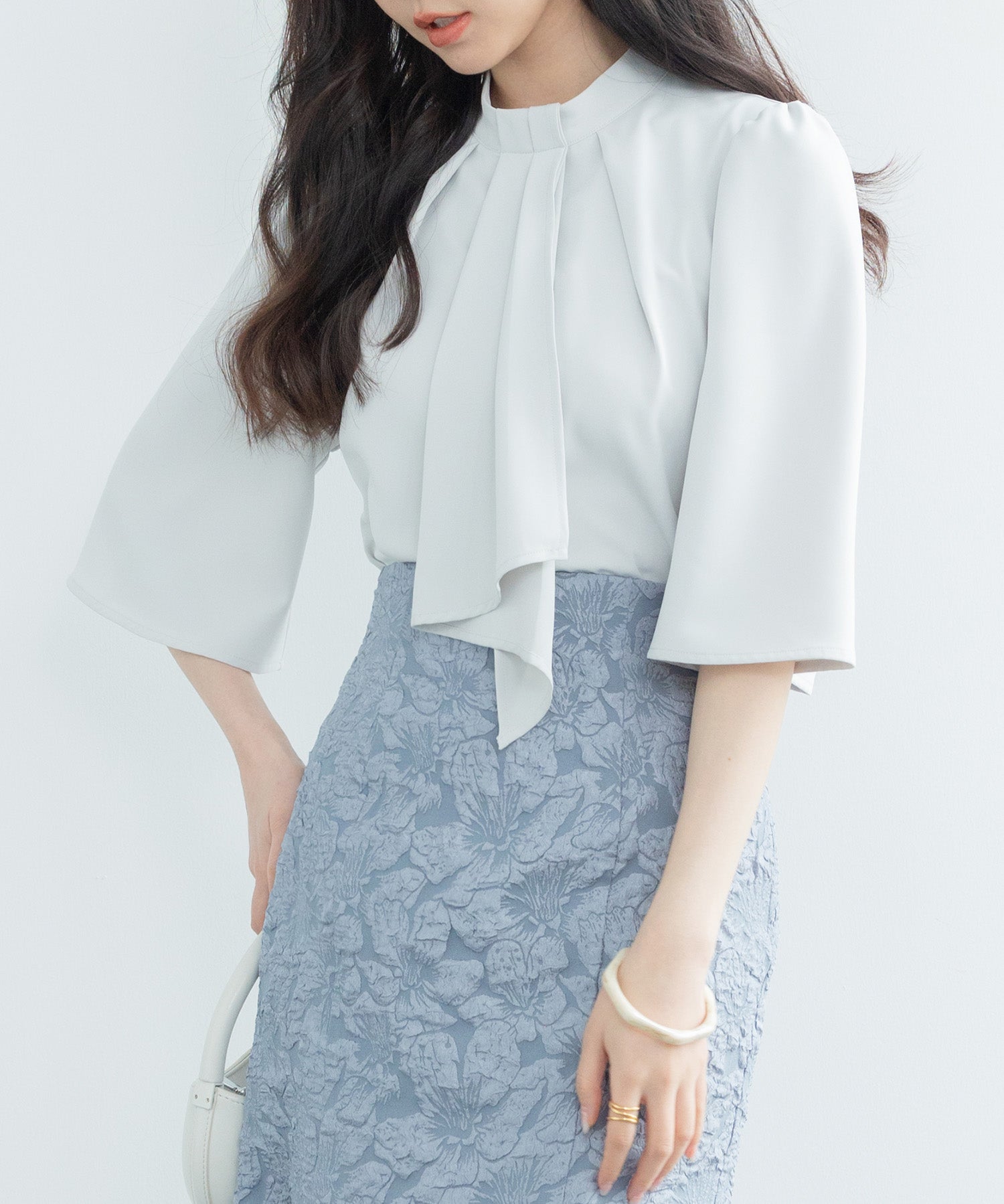 5分丈スリーブスタンドカラーブラウスsdp0199 ライトグリーン