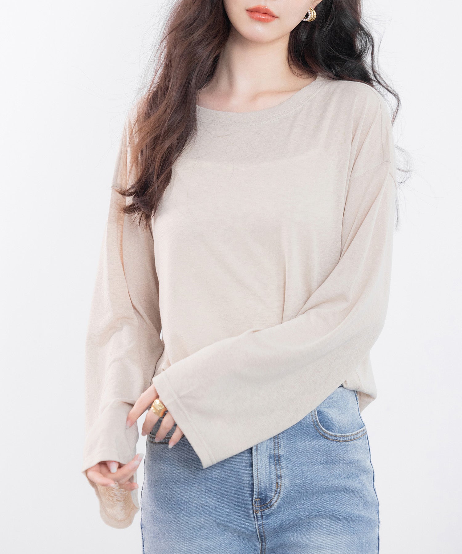 シアー生地長袖クルーネックトップスsdp0203 ベージュ