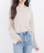 シアー生地長袖クルーネックトップスsdp0203 ベージュ