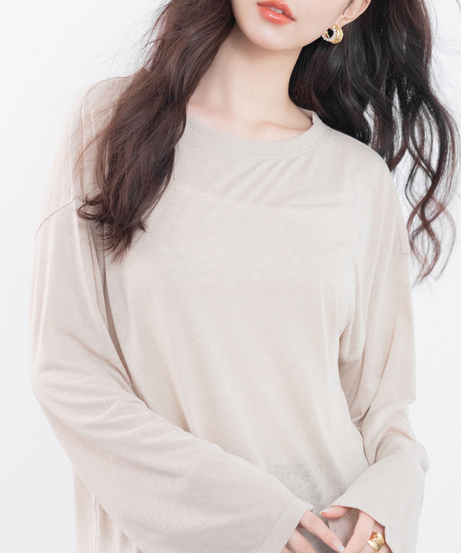 シアー生地長袖クルーネックトップスsdp0203 ベージュ