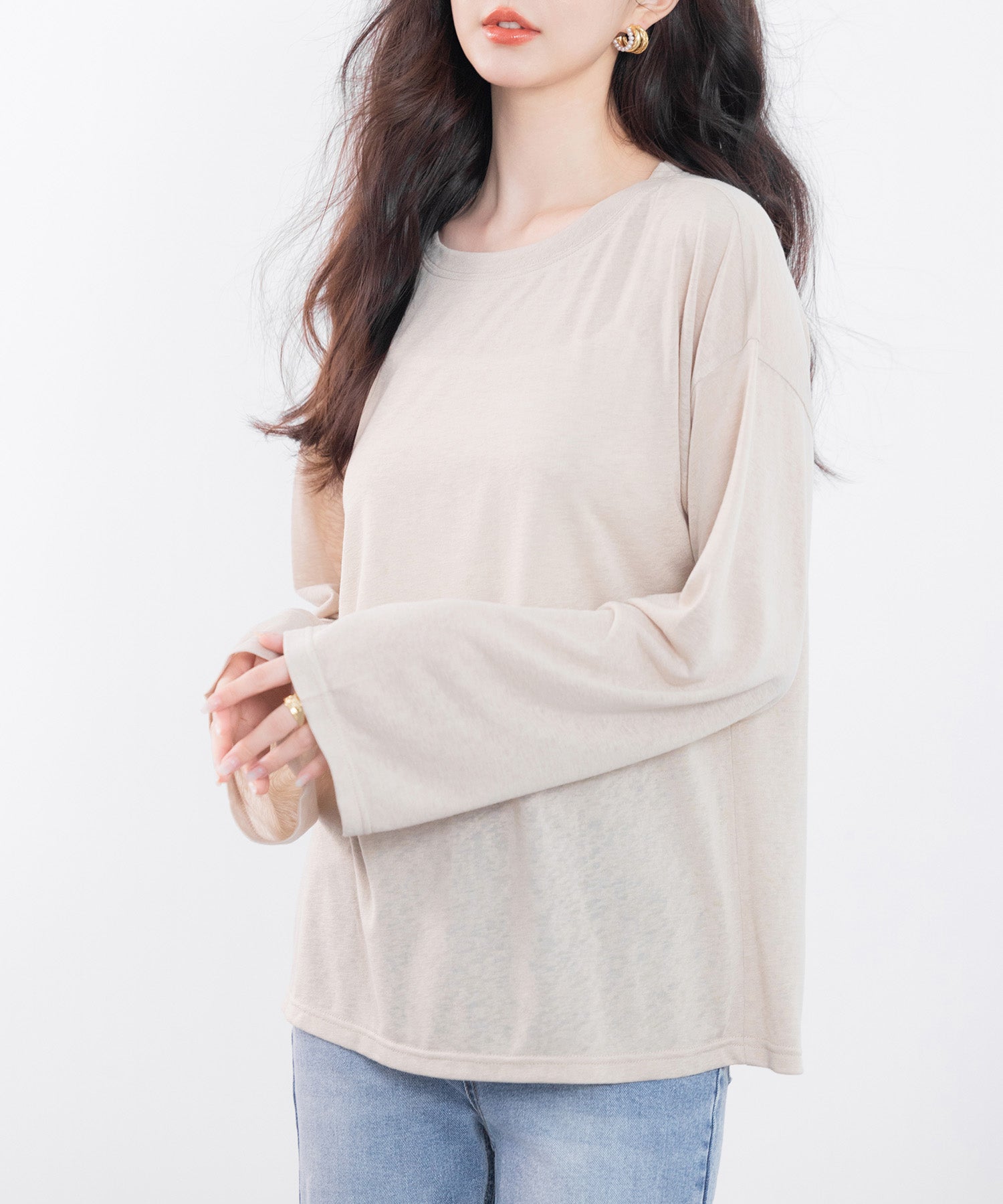 シアー生地長袖クルーネックトップスsdp0203 ベージュ