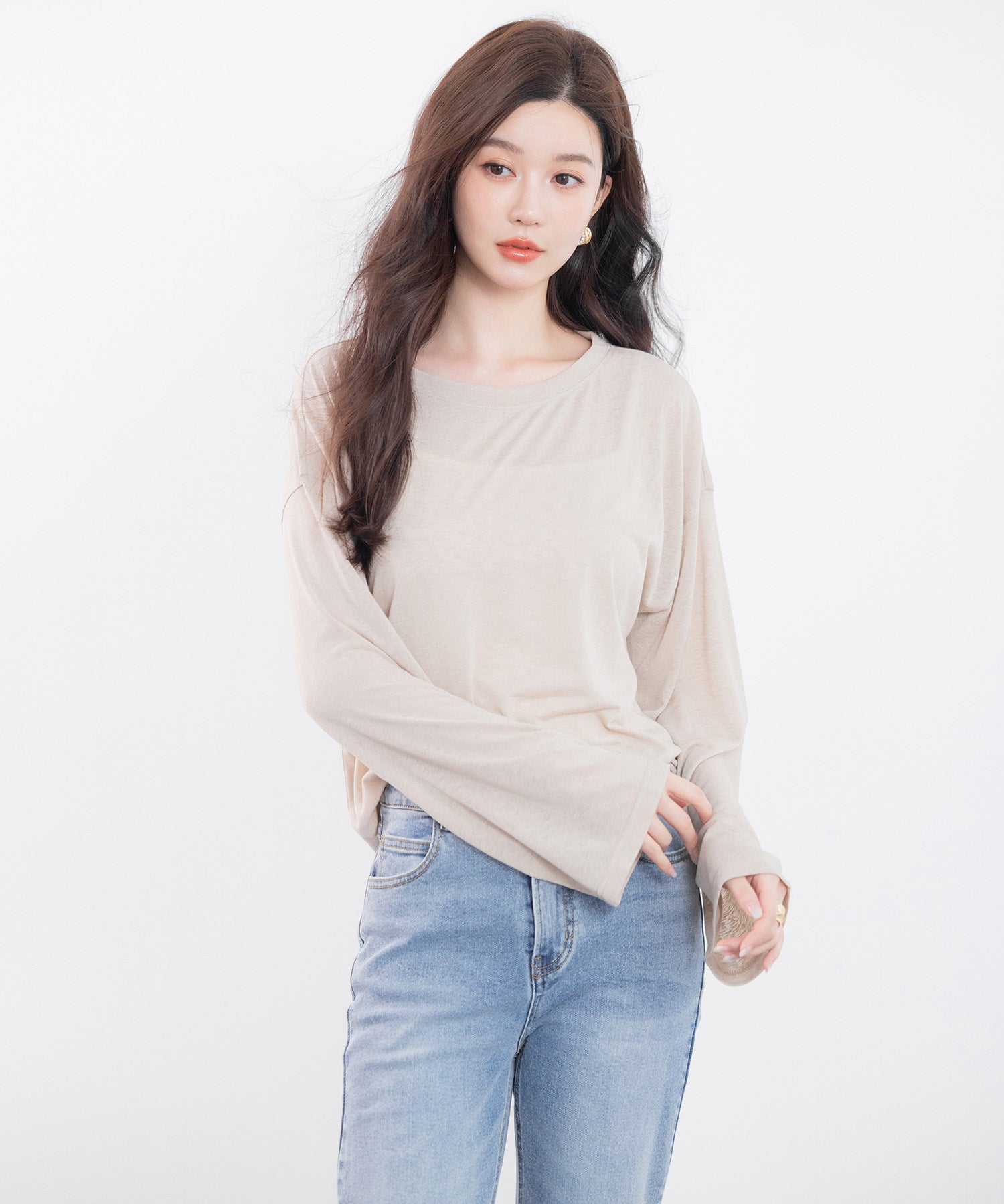 シアー生地長袖クルーネックトップスsdp0203 ベージュ