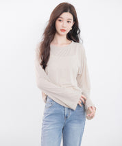 シアー生地長袖クルーネックトップスsdp0203 ベージュ