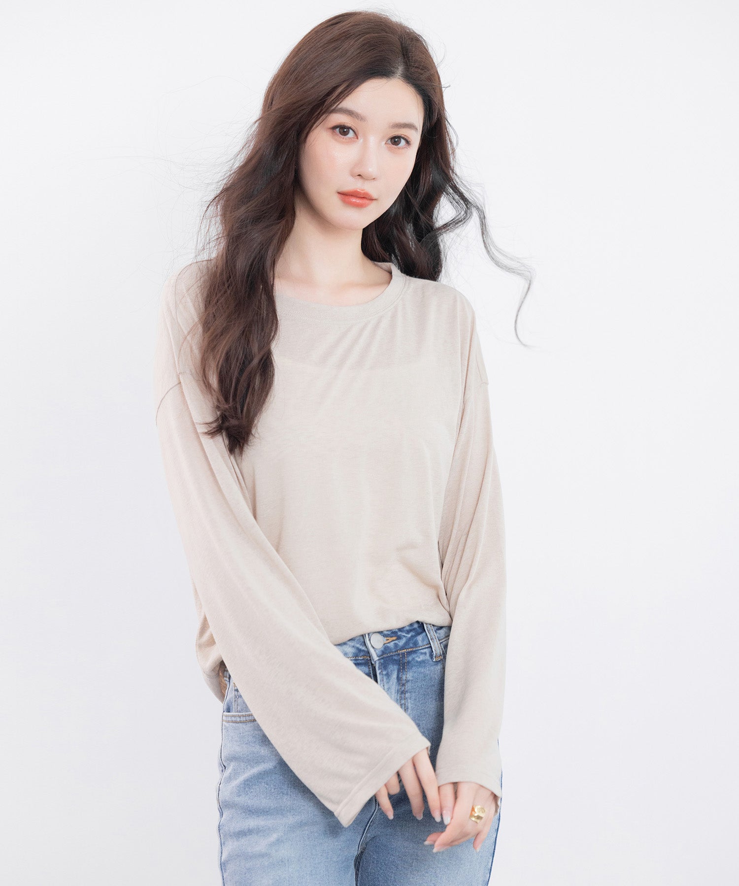 シアー生地長袖クルーネックトップスsdp0203 ベージュ