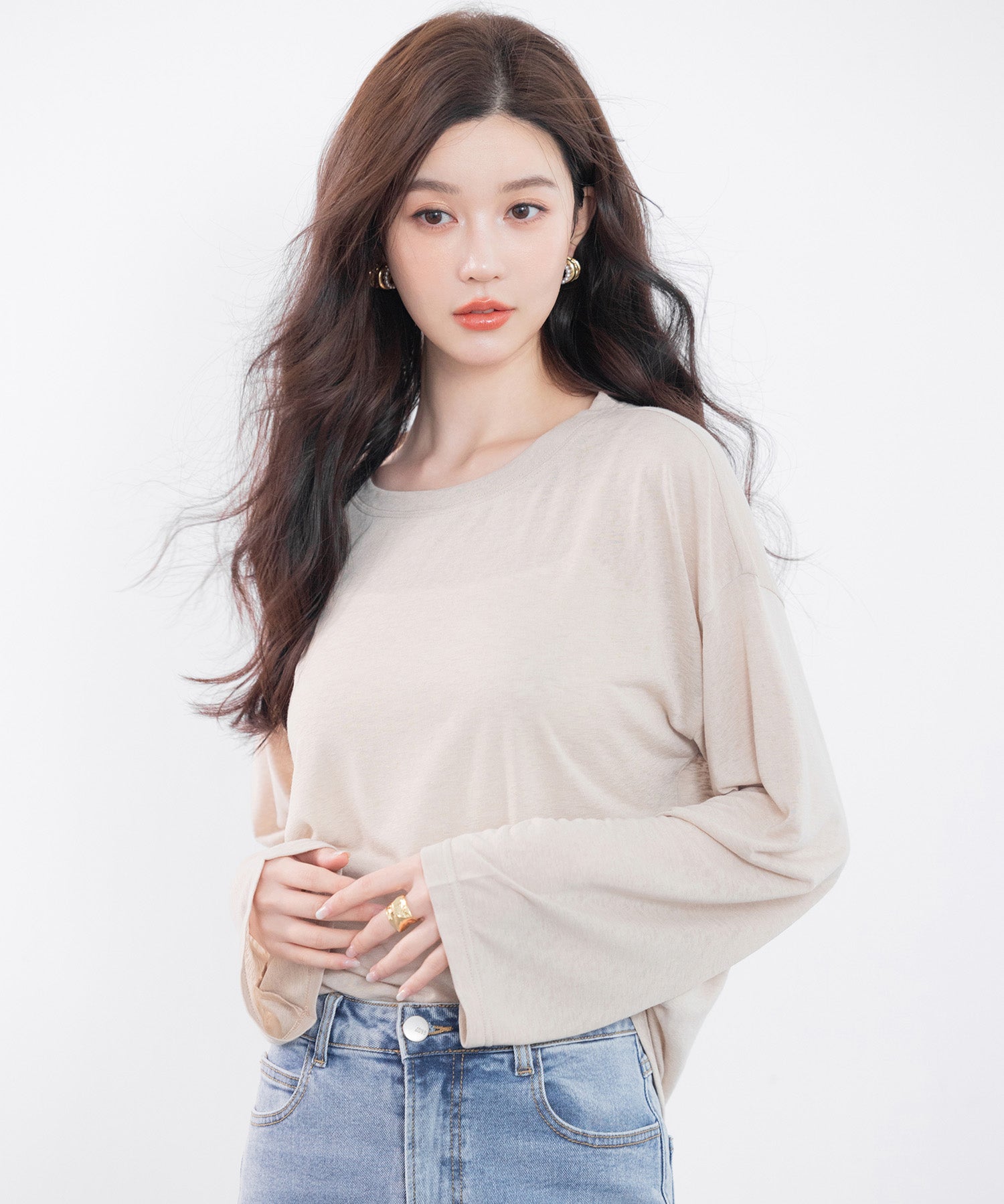 シアー生地長袖クルーネックトップスsdp0203 ベージュ