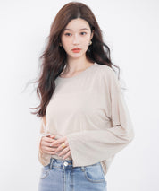 シアー生地長袖クルーネックトップスsdp0203 ベージュ