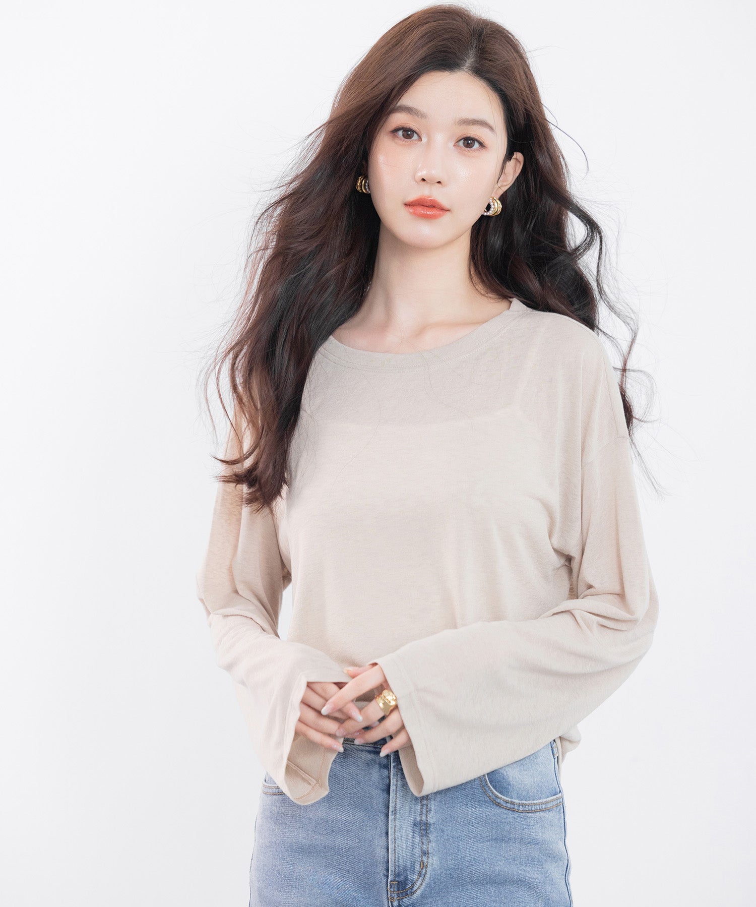 シアー生地長袖クルーネックトップスsdp0203 ベージュ