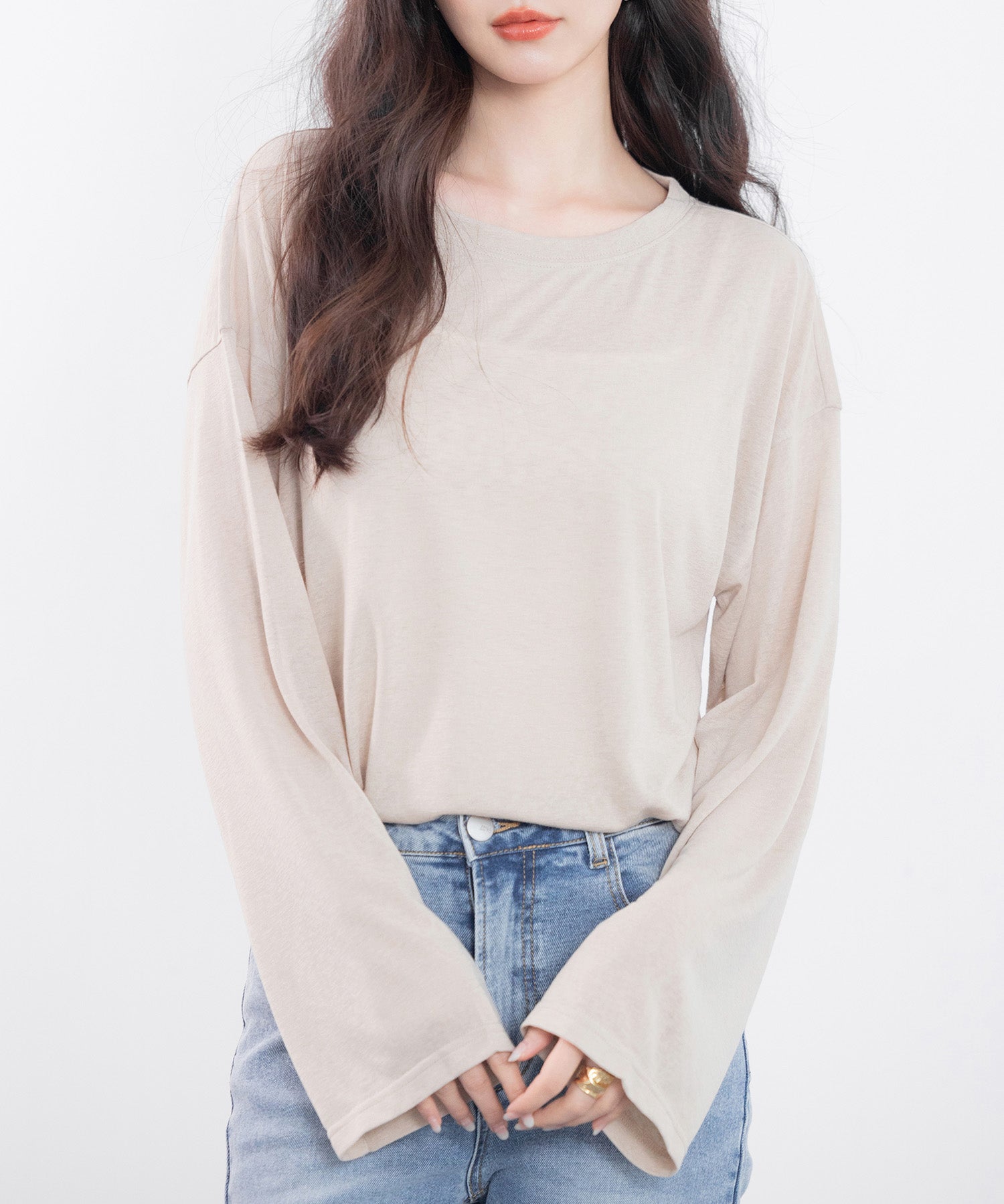 シアー生地長袖クルーネックトップスsdp0203 ベージュ