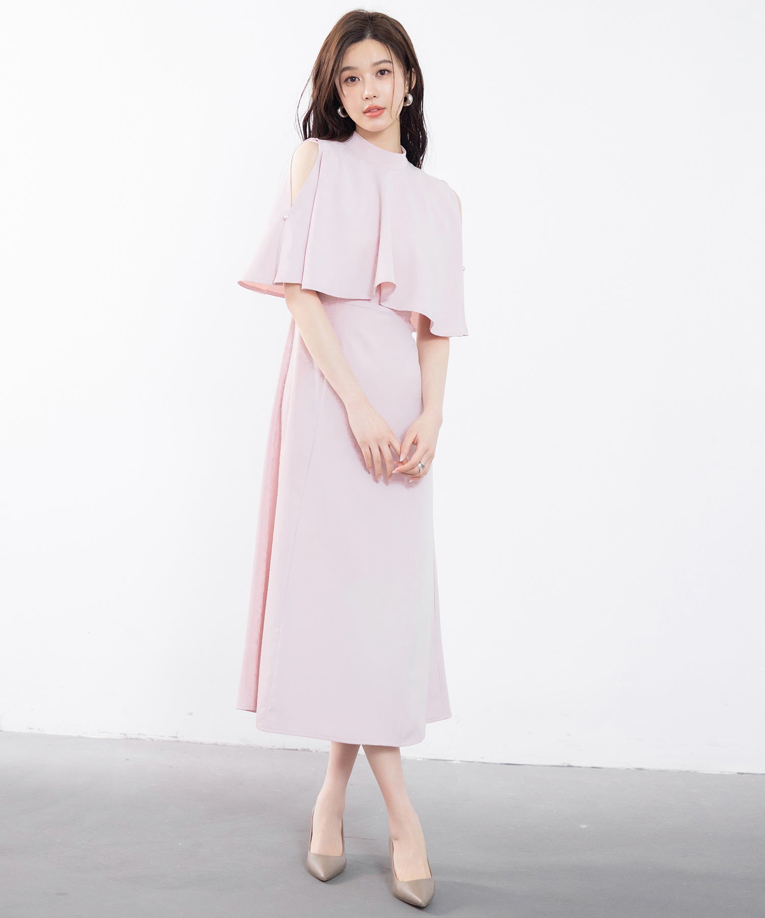 立ち襟オープンショルダーミモレ丈ワンピースsdp0208 ピンク