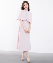 立ち襟オープンショルダーミモレ丈ワンピースsdp0208 ピンク