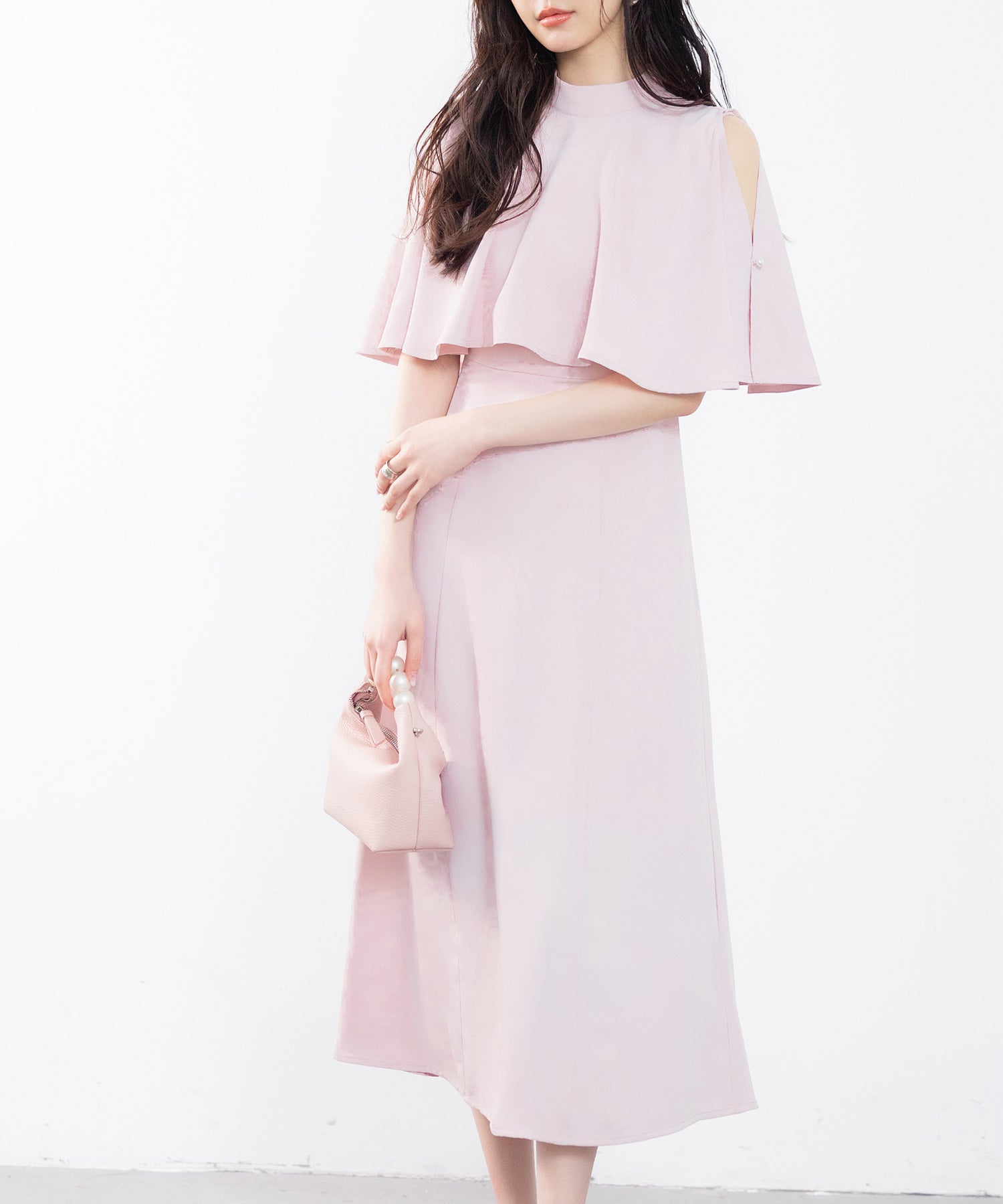 立ち襟オープンショルダーミモレ丈ワンピースsdp0208 ピンク