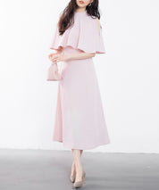 立ち襟オープンショルダーミモレ丈ワンピースsdp0208 ピンク