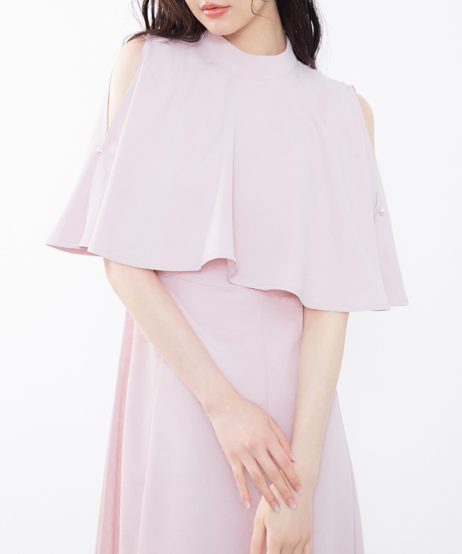 立ち襟オープンショルダーミモレ丈ワンピースsdp0208 ピンク