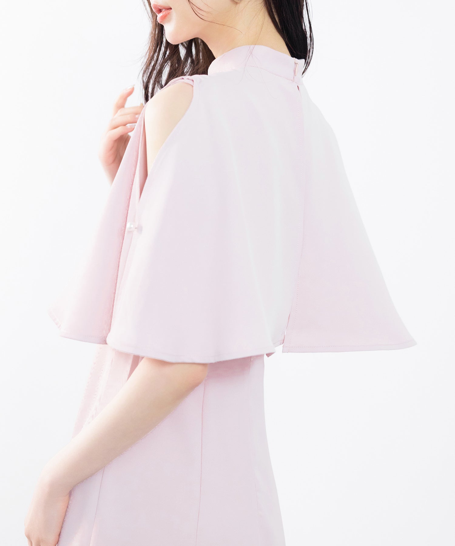 立ち襟オープンショルダーミモレ丈ワンピースsdp0208 ピンク