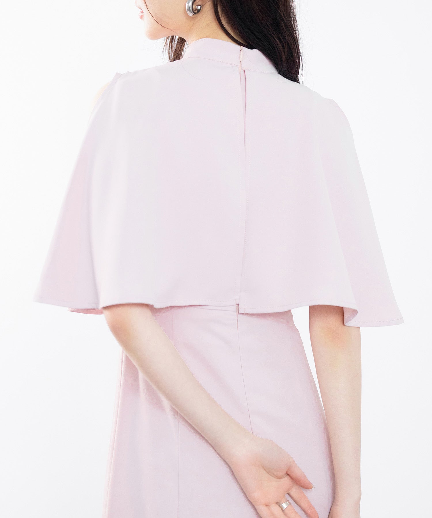 立ち襟オープンショルダーミモレ丈ワンピースsdp0208 ピンク