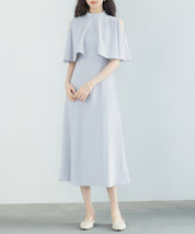 立ち襟オープンショルダーミモレ丈ワンピースsdp0208 ブルーグレー