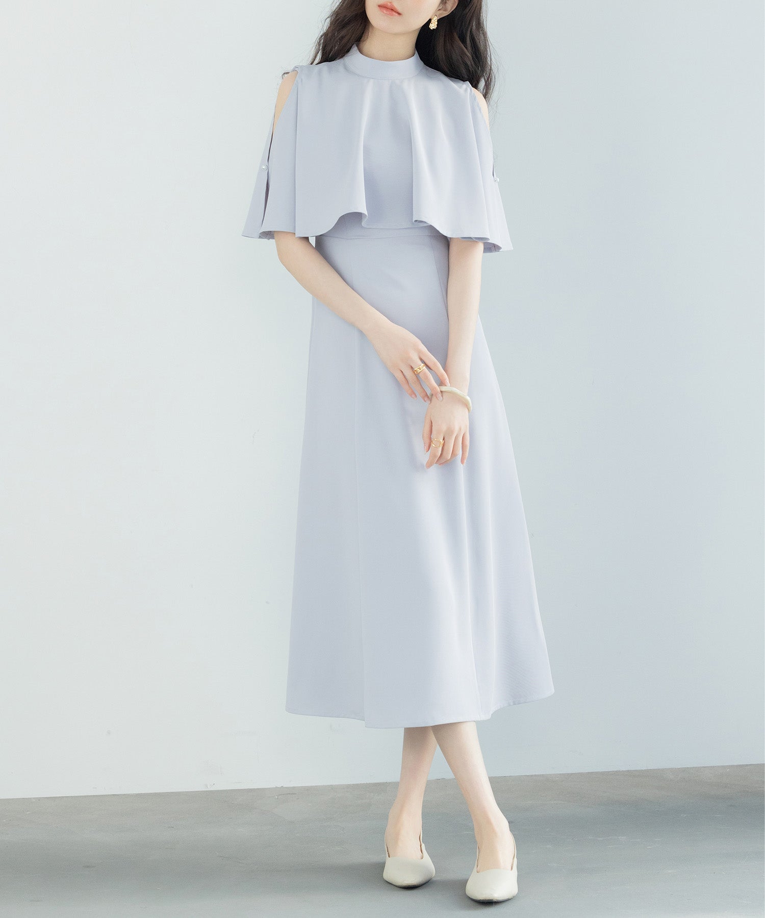 立ち襟オープンショルダーミモレ丈ワンピースsdp0208 ブルーグレー