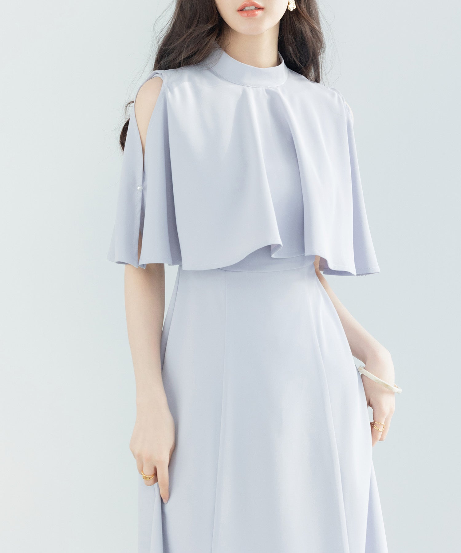 立ち襟オープンショルダーミモレ丈ワンピースsdp0208 ブルーグレー