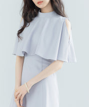 立ち襟オープンショルダーミモレ丈ワンピースsdp0208 ブルーグレー