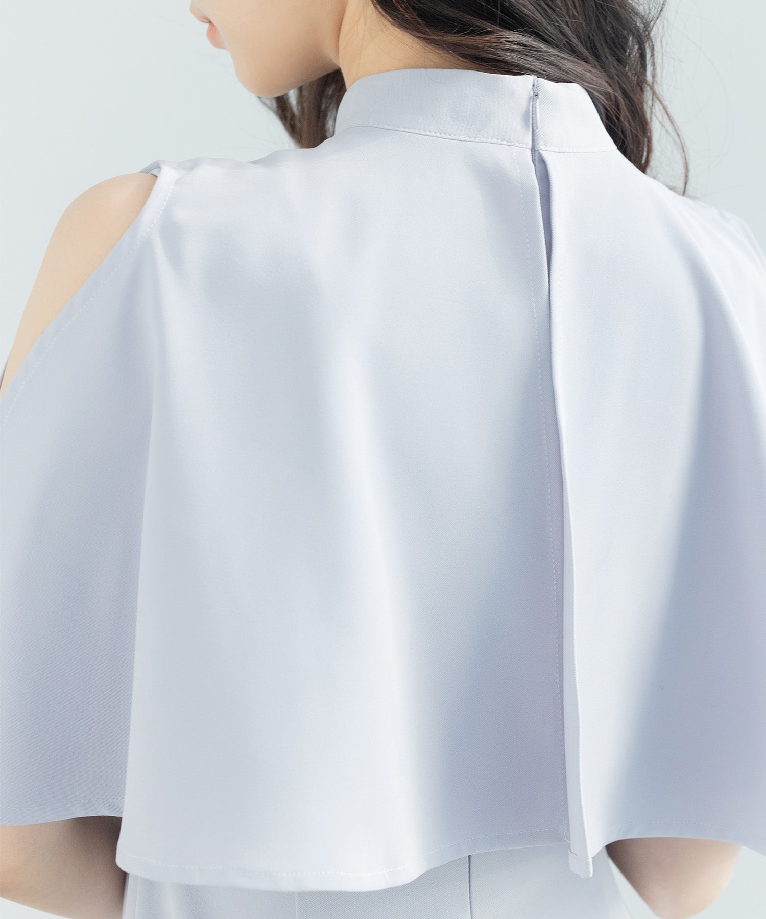 立ち襟オープンショルダーミモレ丈ワンピースsdp0208 ブルーグレー