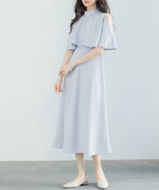 立ち襟オープンショルダーミモレ丈ワンピースsdp0208 ブルーグレー