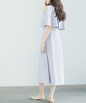 立ち襟オープンショルダーミモレ丈ワンピースsdp0208 ブルーグレー