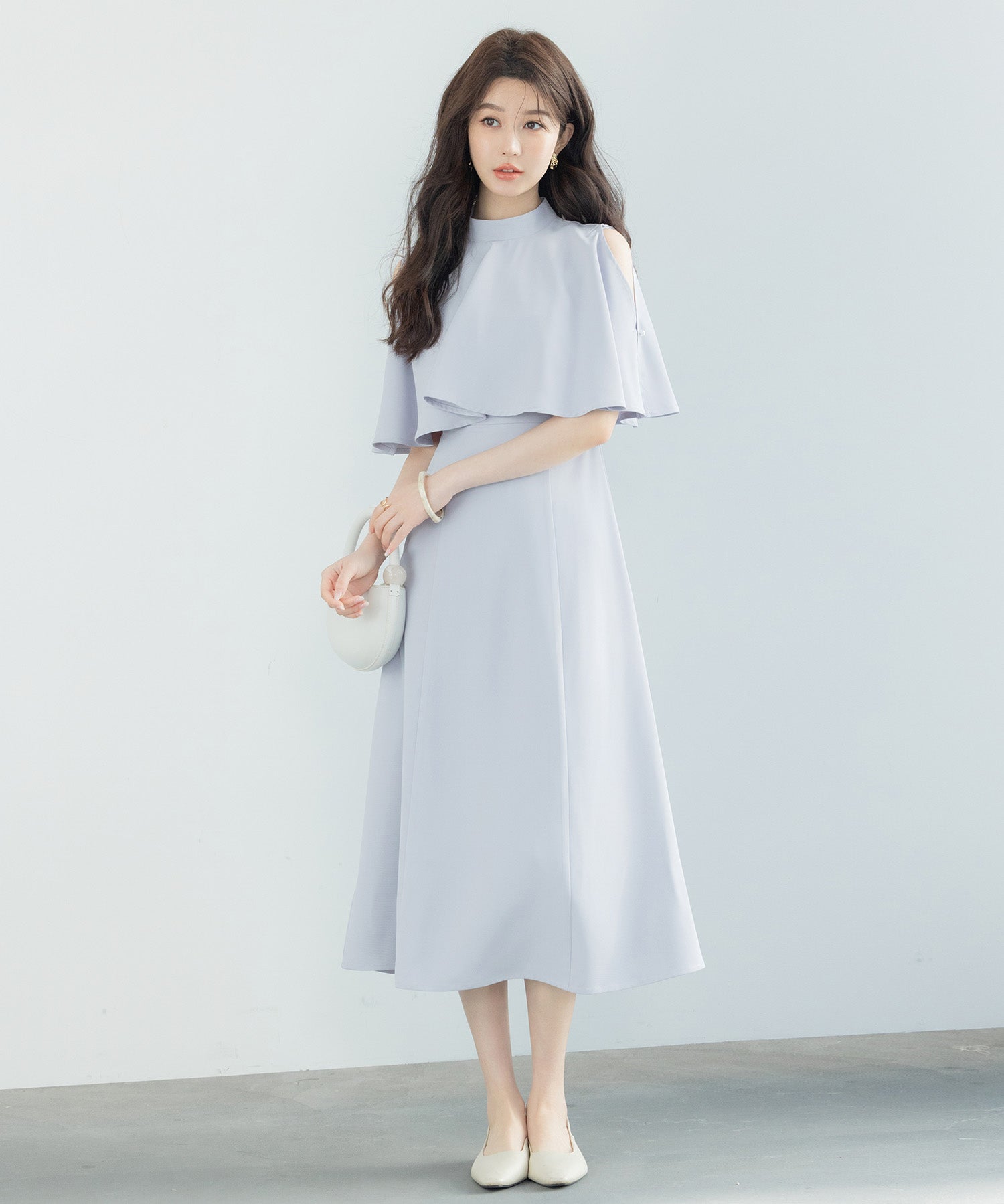 立ち襟オープンショルダーミモレ丈ワンピースsdp0208 ブルーグレー