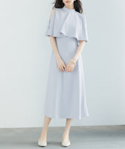 立ち襟オープンショルダーミモレ丈ワンピースsdp0208 ブルーグレー