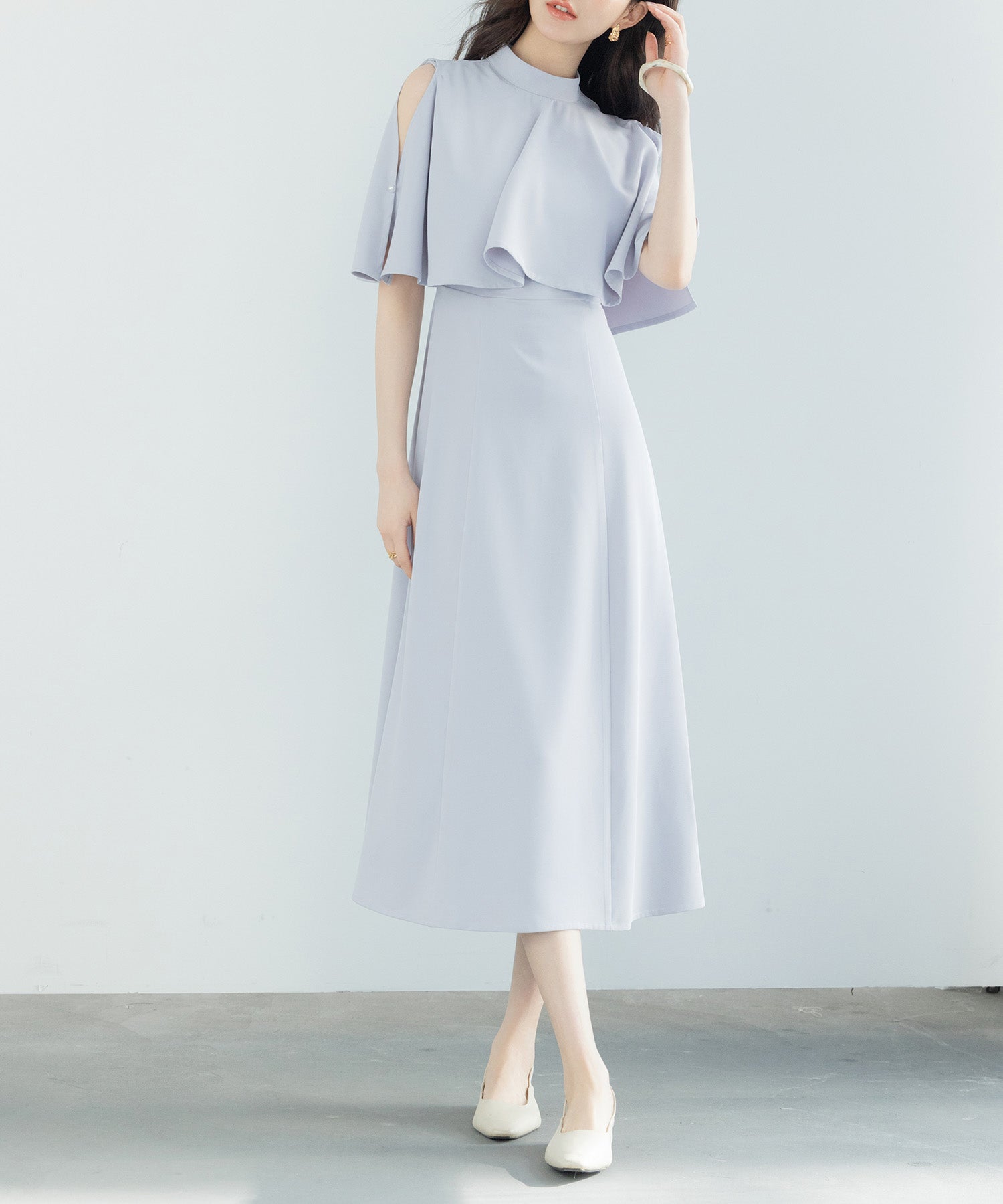立ち襟オープンショルダーミモレ丈ワンピースsdp0208 ブルーグレー