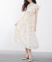 ウエストシャーリング花柄ワンピースsdp0209 ベージュ