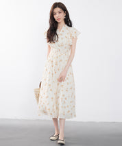 ウエストシャーリング花柄ワンピースsdp0209 ベージュ