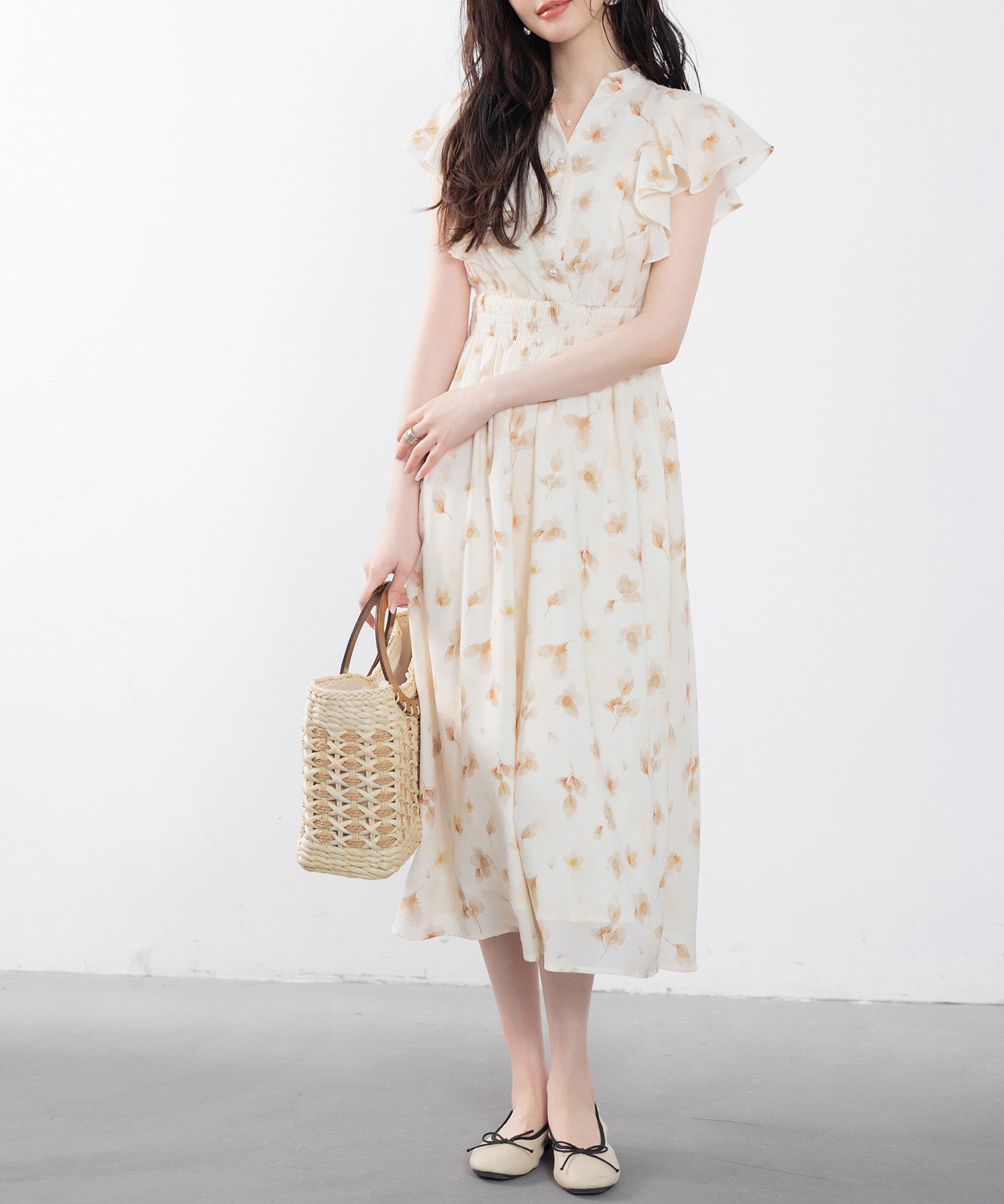 ウエストシャーリング花柄ワンピースsdp0209 ベージュ
