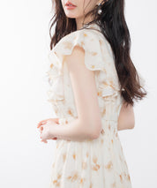 ウエストシャーリング花柄ワンピースsdp0209 ベージュ