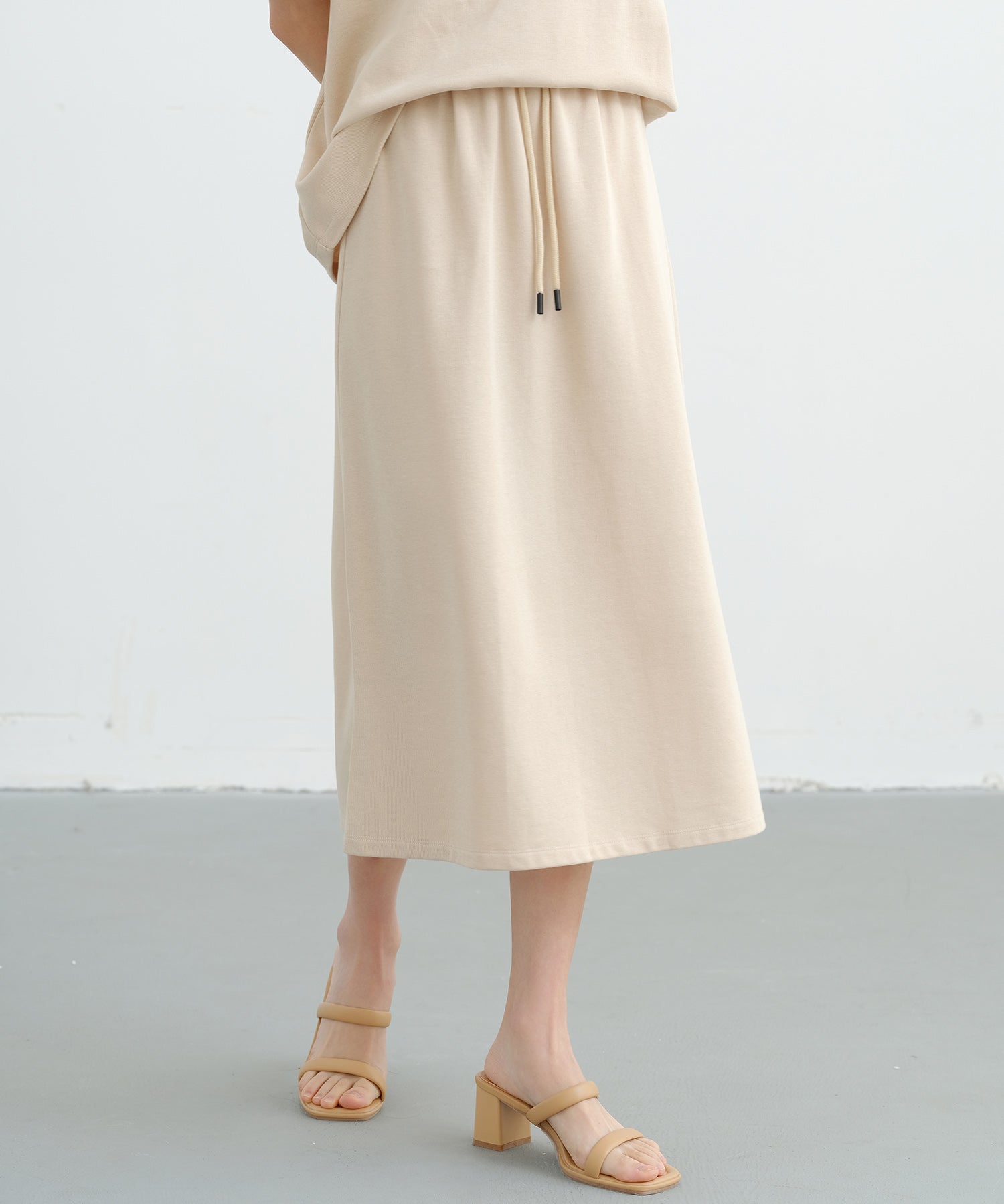 ウエストゴムミモレ丈スウェットスカートsdp0219 ベージュ