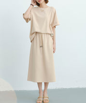 ウエストゴムミモレ丈スウェットスカートsdp0219 ベージュ