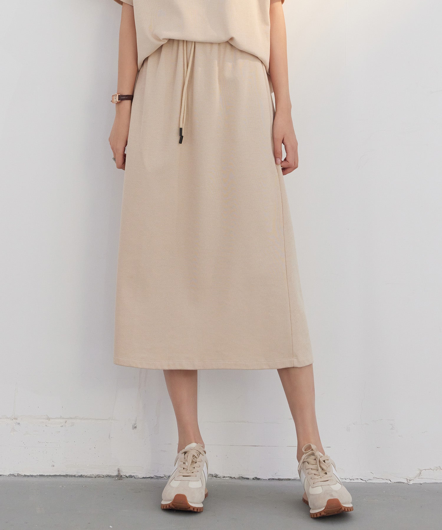 ウエストゴムミモレ丈スウェットスカートsdp0219 ベージュ
