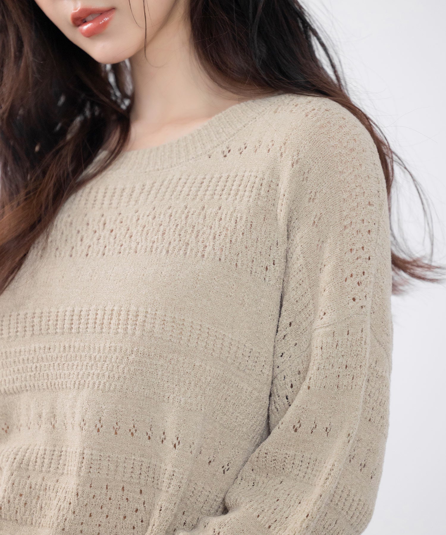 透かし編みドロップショルダーニットプルオーバーsdp8002 ダークベージュ