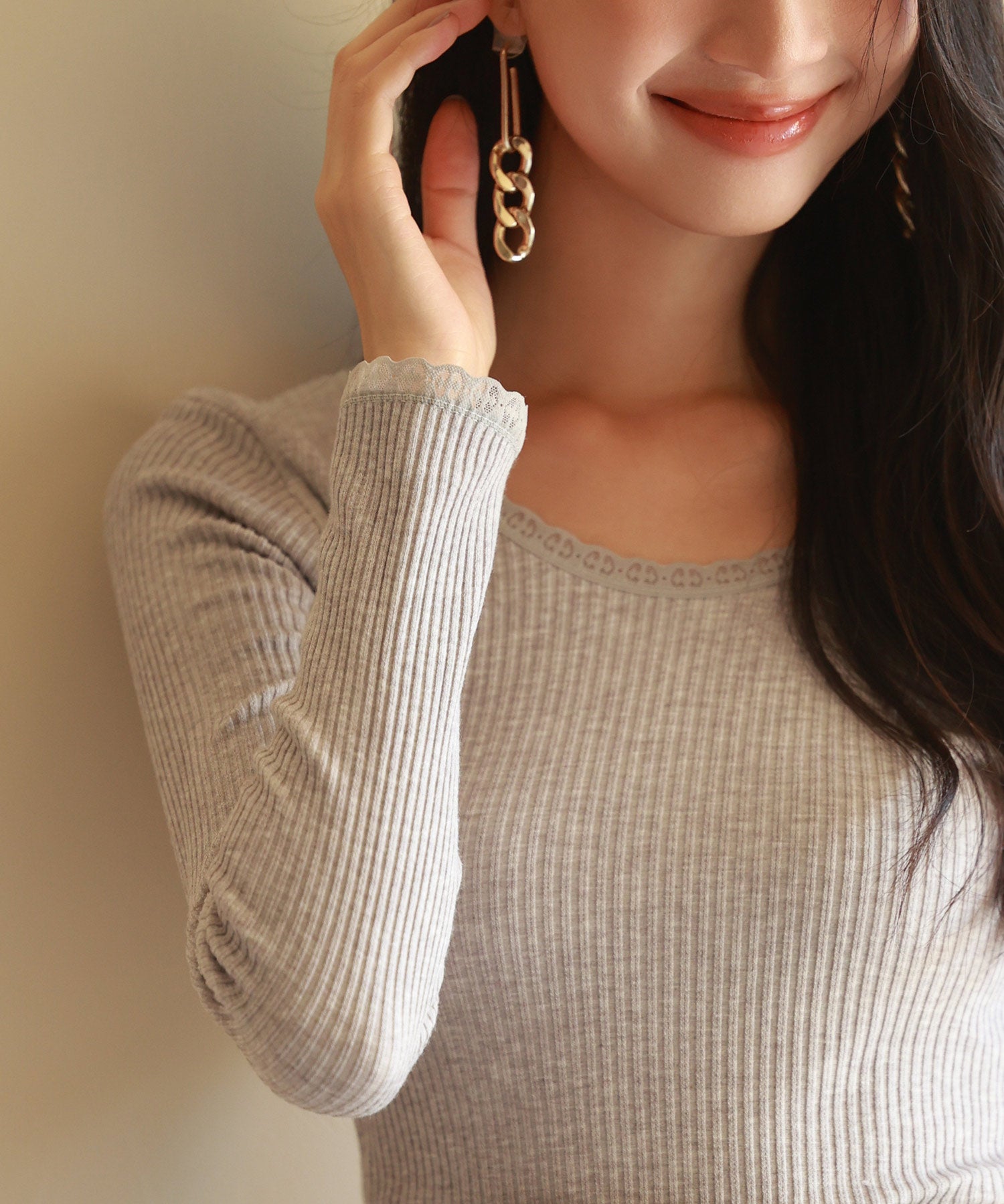 リブ編み暖か裏起毛ストレッチトップスsdpaljr001