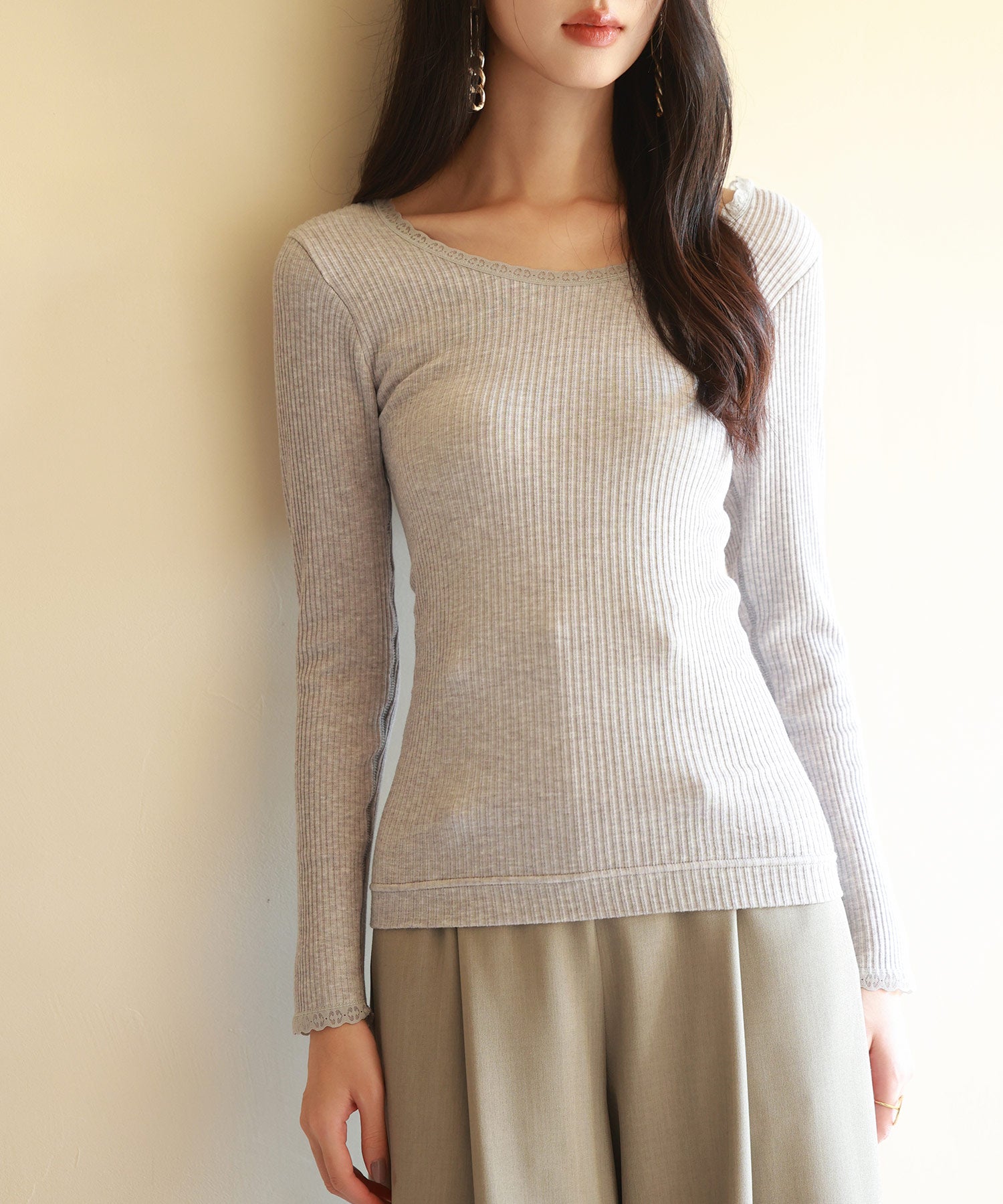 リブ編み暖か裏起毛ストレッチトップスsdpaljr001