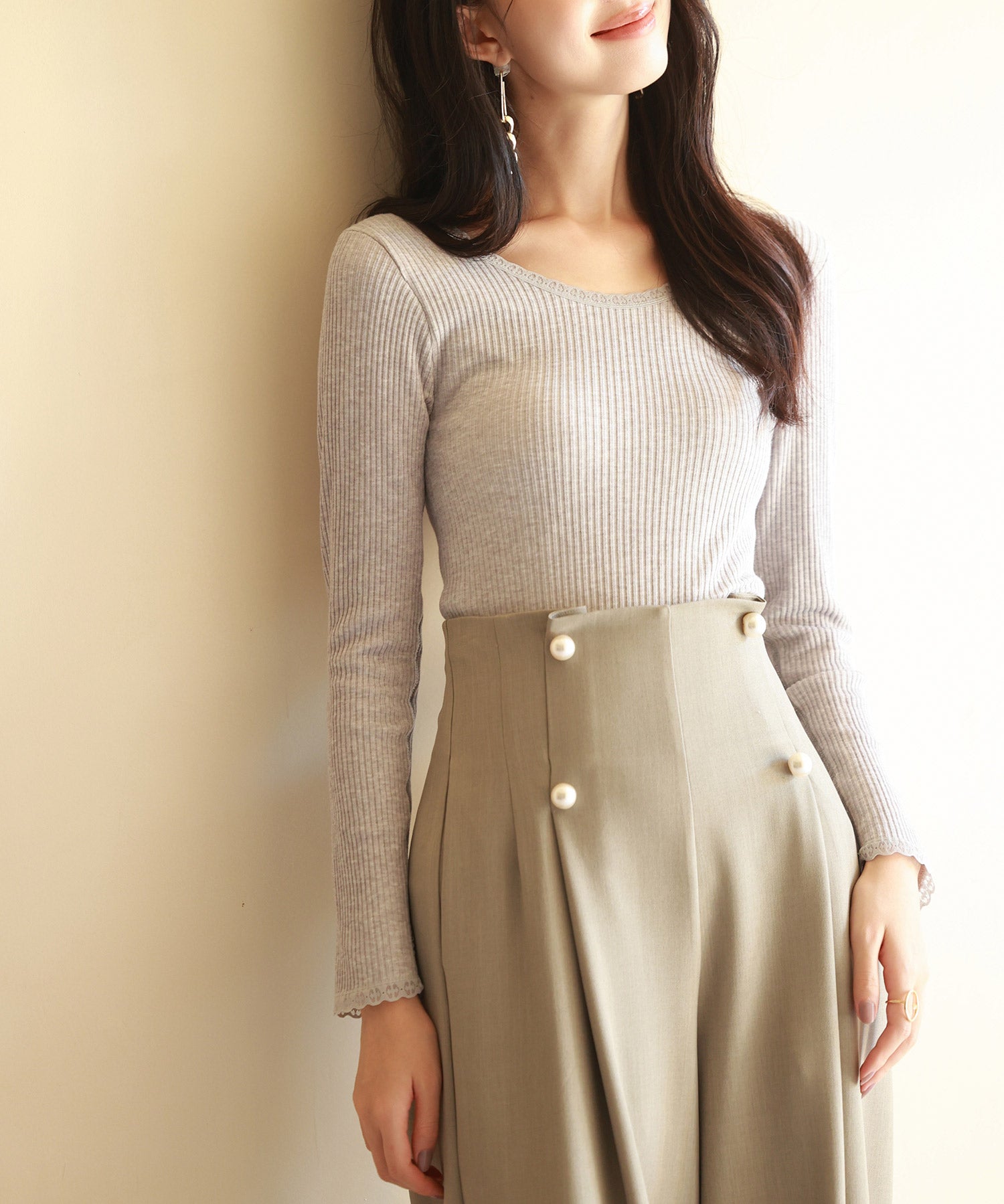 リブ編み暖か裏起毛ストレッチトップスsdpaljr001