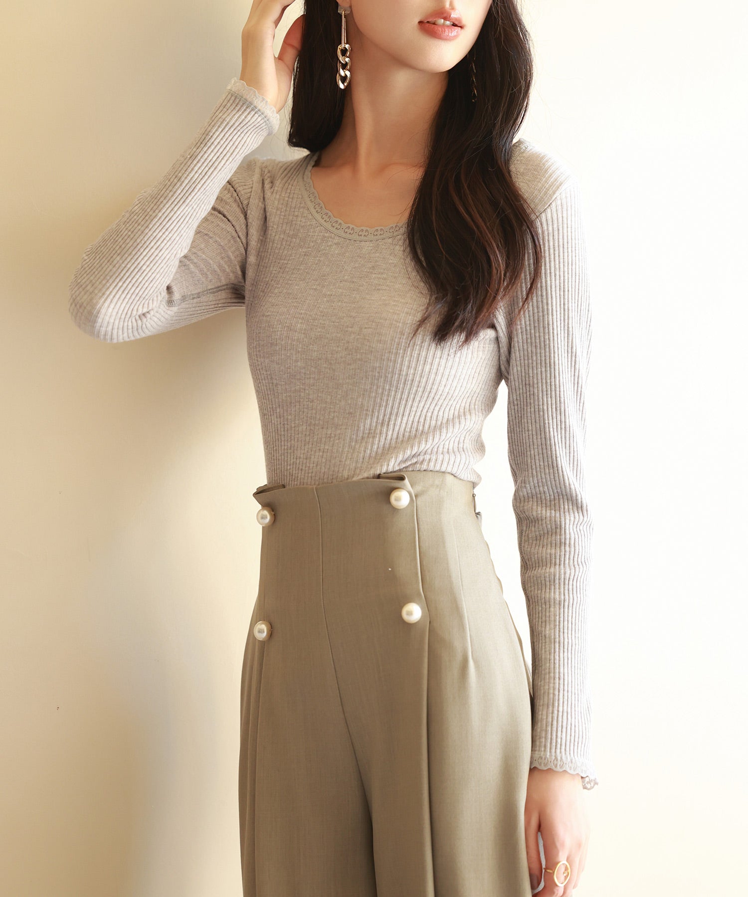 リブ編み暖か裏起毛ストレッチトップスsdpaljr001