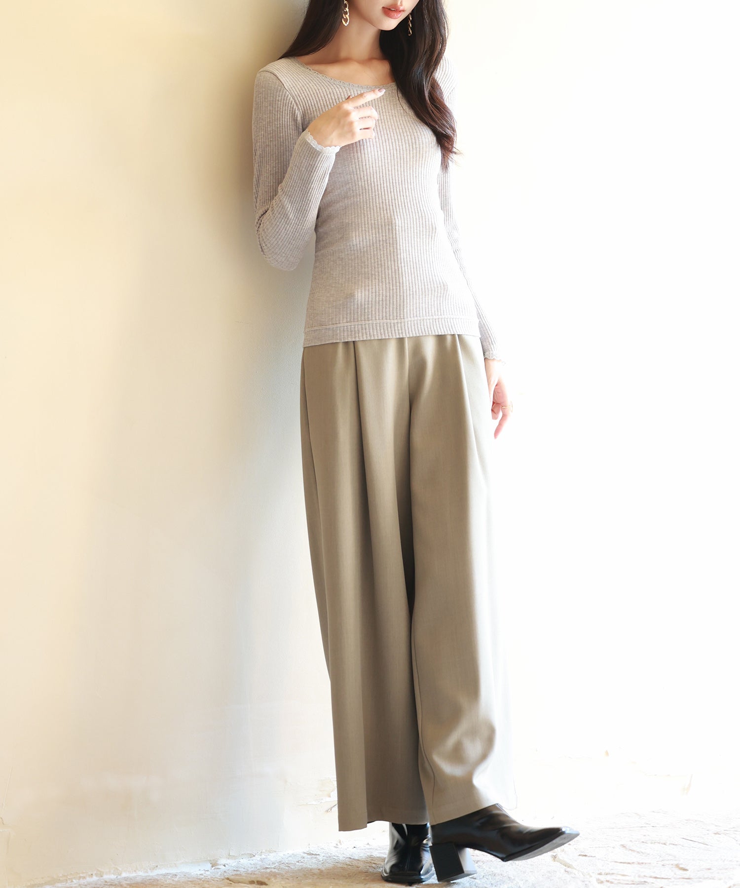 リブ編み暖か裏起毛ストレッチトップスsdpaljr001