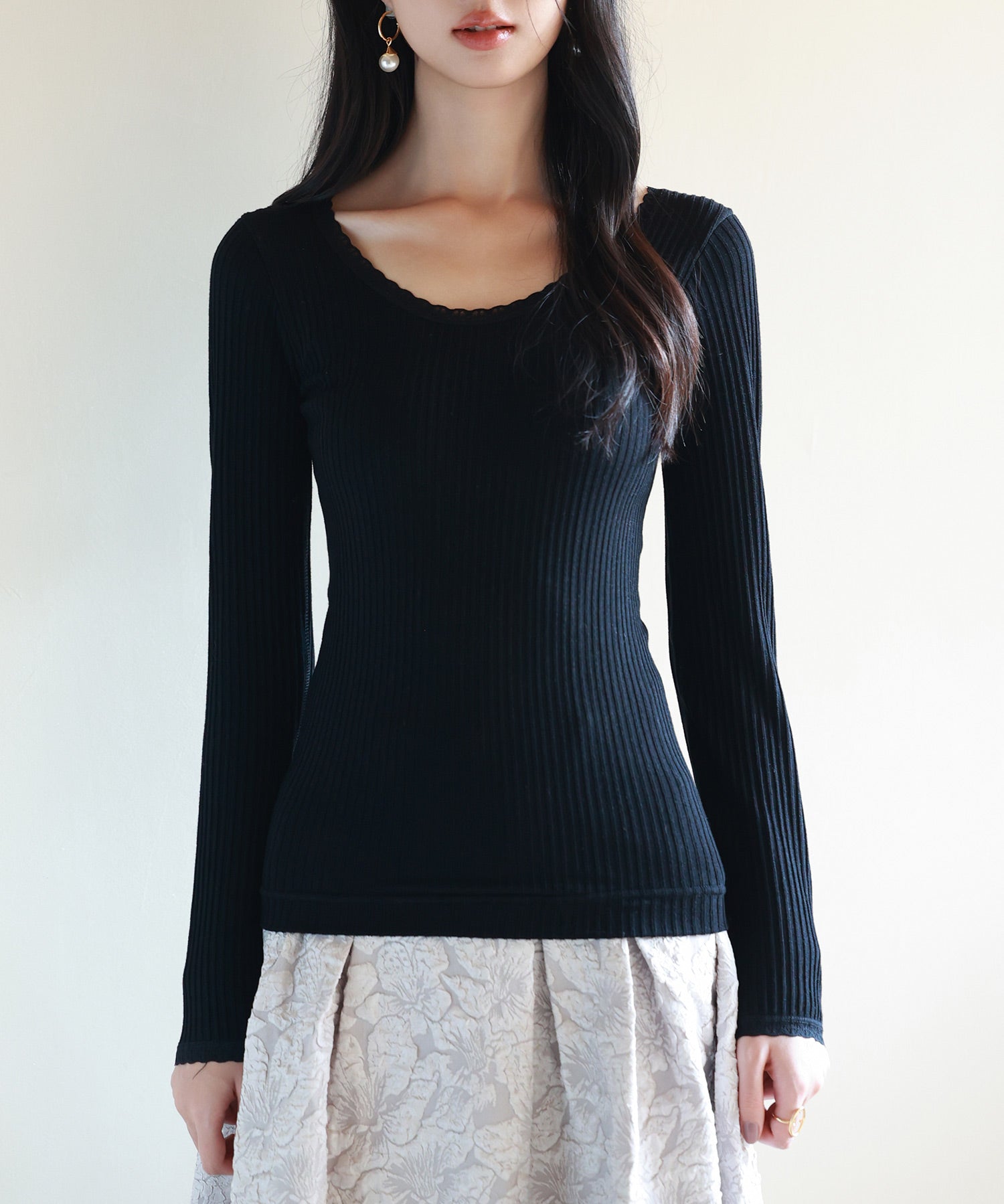 リブ編み暖か裏起毛ストレッチトップスsdpaljr001