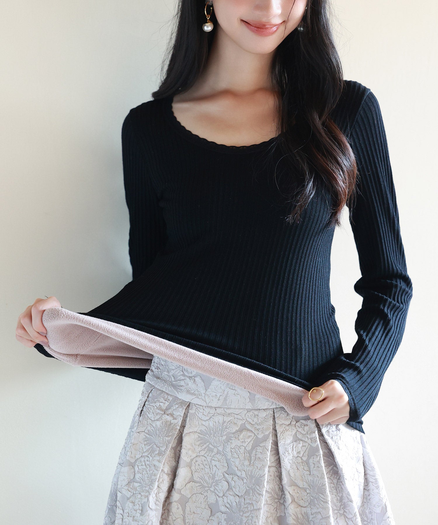 リブ編み暖か裏起毛ストレッチトップスsdpaljr001