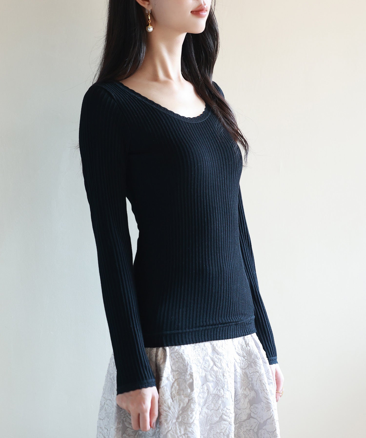 リブ編み暖か裏起毛ストレッチトップスsdpaljr001